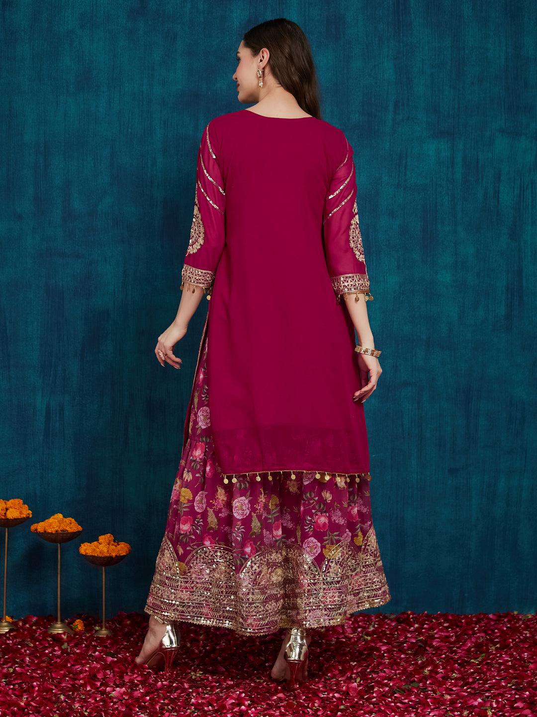 Indyancart RV Women's Faux Georgette Fabric Zari Sequence embroidery Work Kurtaset With Dupatta