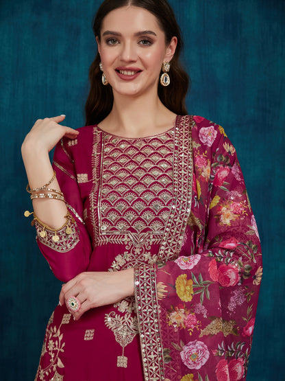 Indyancart RV Women's Faux Georgette Fabric Zari Sequence embroidery Work Kurtaset With Dupatta