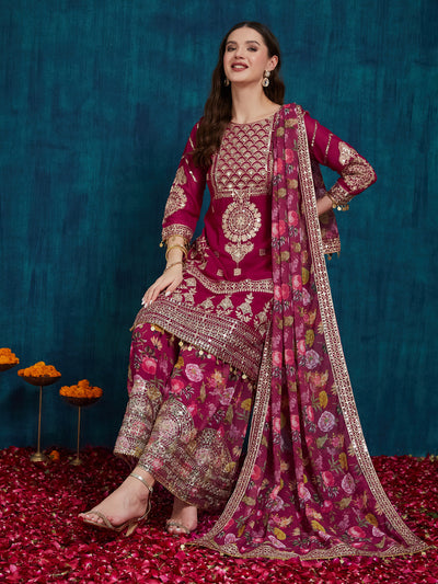 Indyancart RV Women's Faux Georgette Fabric Zari Sequence embroidery Work Kurtaset With Dupatta