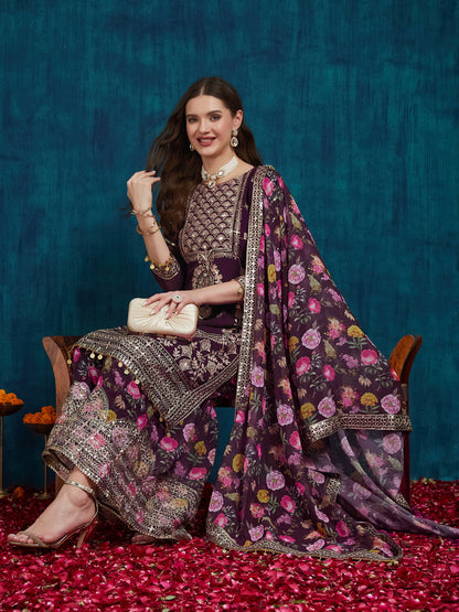 Indyancart RV Women's Faux Georgette Fabric Zari Sequence embroidery Work Kurtaset With Dupatta