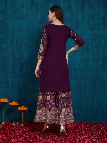 Indyancart RV Women's Faux Georgette Fabric Zari Sequence embroidery Work Kurtaset With Dupatta