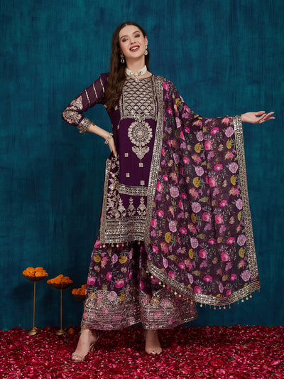Indyancart RV Women's Faux Georgette Fabric Zari Sequence embroidery Work Kurtaset With Dupatta