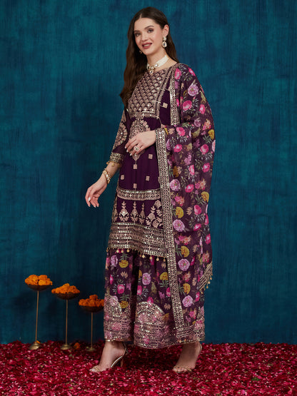 Indyancart RV Women's Faux Georgette Fabric Zari Sequence embroidery Work Kurtaset With Dupatta