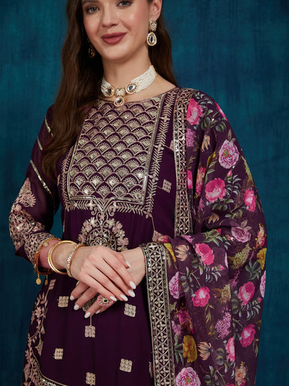 Indyancart RV Women's Faux Georgette Fabric Zari Sequence embroidery Work Kurtaset With Dupatta