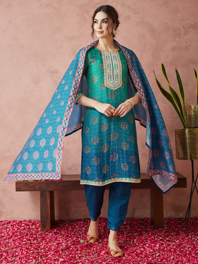 Indyancart RV Women's Exclusive Pure Silk Fabric Bandhej Print Straight Kurtaset With Dupatta.