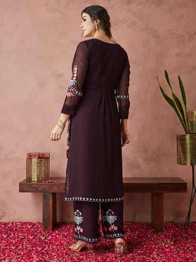 Indyancart RV Women's Faux Georgette Fabric Thread Embroidery Kurta set With Dupatta