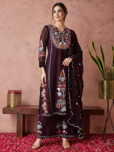 Indyancart RV Women's Faux Georgette Fabric Thread Embroidery Kurta set With Dupatta