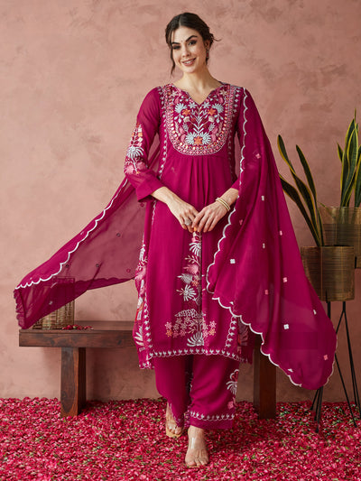 Indyancart RV Women's Faux Georgette Fabric Thread Embroidery Kurta set With Dupatta