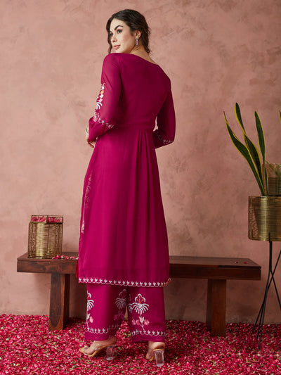 Indyancart RV Women's Faux Georgette Fabric Thread Embroidery Kurta set With Dupatta