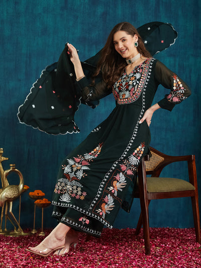 Indyancart RV Women's Faux Georgette Fabric Thread Embroidery Kurta set With Dupatta