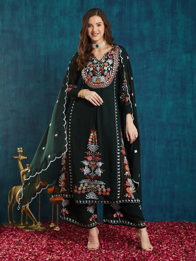 Indyancart RV Women's Faux Georgette Fabric Thread Embroidery Kurta set With Dupatta