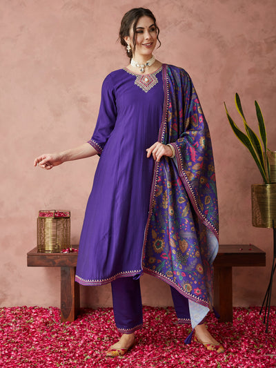 Indyancart RV Women's Exclusive Roman Silk Fabric Hand Work Neckline Solid Print Anarkali Kurtaset With Dupatta.