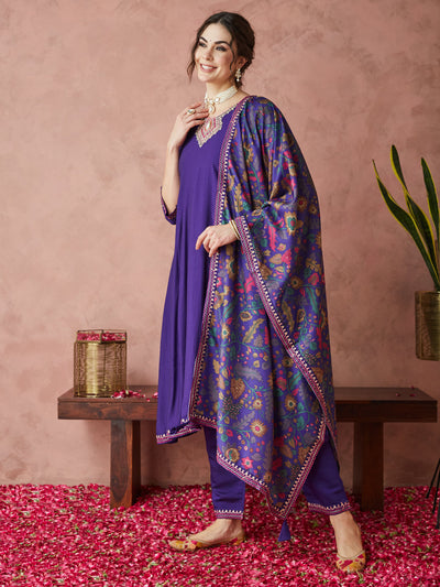 Indyancart RV Women's Exclusive Roman Silk Fabric Hand Work Neckline Solid Print Anarkali Kurtaset With Dupatta.
