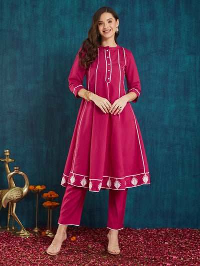 Indyancart RV Women's Roman Silk Cross-Stitch Embroidered Flared Kurti with Pants