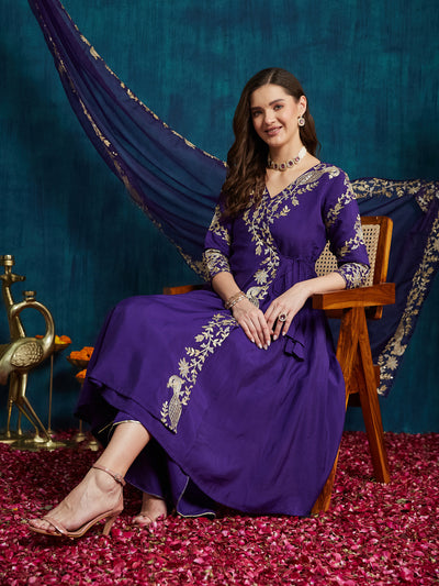 Indyancart RV Women's Elegant Angrakha Style Anarkali Kurti Set with Embroidered Dupatta