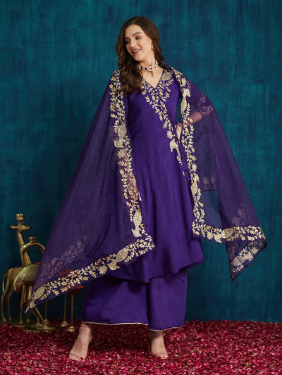 Indyancart RV Women's Elegant Angrakha Style Anarkali Kurti Set with Embroidered Dupatta