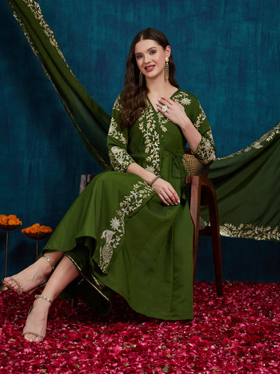 Indyancart RV Women's Elegant Angrakha Style Anarkali Kurti Set with Embroidered Dupatta