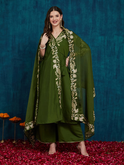 Indyancart RV Women's Elegant Angrakha Style Anarkali Kurti Set with Embroidered Dupatta