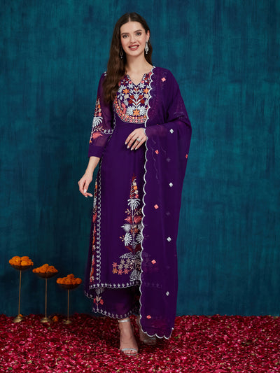 Indyancart RV Women's Faux Georgette Fabric Thread Embroidery Kurta set With Dupatta