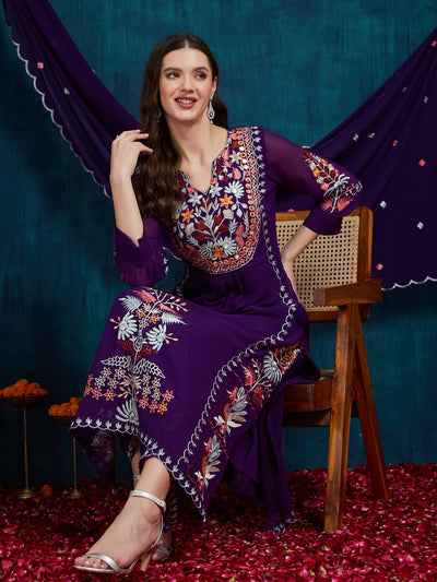 Indyancart RV Women's Faux Georgette Fabric Thread Embroidery Kurta set With Dupatta
