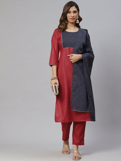 Indyancart RV Women's Cotton Straight Side Slit Gottapatti Kurta Pant Set With Duppata