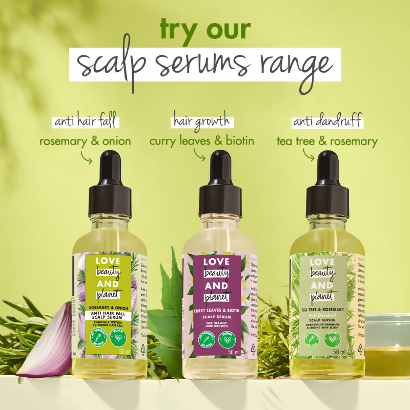 Love Beauty and Planet Onion & Rosemary Anti-Hairfall Scalp Serum bottle with applicator tip for nourishing hair treatment.