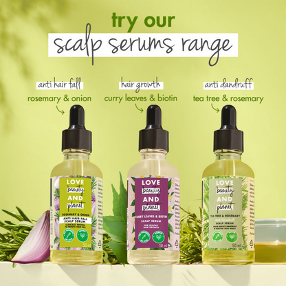 Love Beauty and Planet Onion & Rosemary Anti-Hairfall Scalp Serum bottle with applicator tip for nourishing hair treatment.