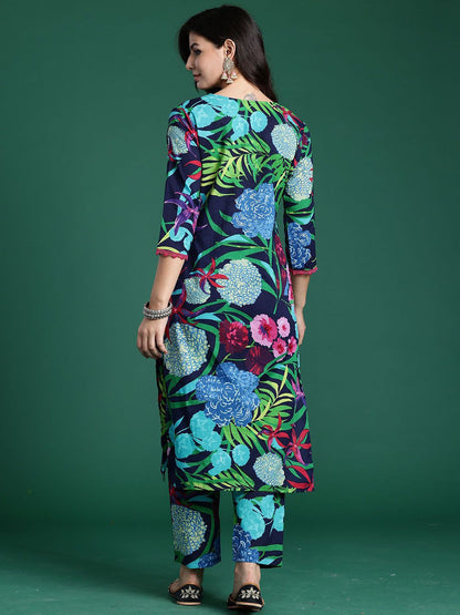 Indyancart IE Tropical Printed V-Neck Pure Cotton Tunic With Trouser