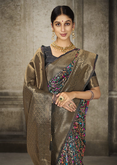 Indyancart GR Women's Aroma Ebony Black Woven Banarasi Art Silk Saree