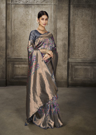 Indyancart GR Women's Aroma Glacier Grey Woven Banarasi Art Silk Saree