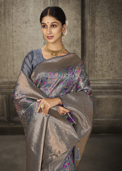 Indyancart GR Women's Aroma Glacier Grey Woven Banarasi Art Silk Saree