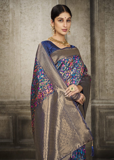 Indyancart GR Women's Aroma Peacock Blue Woven Banarasi Art Silk Saree
