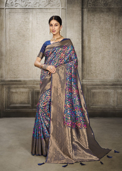 Indyancart GR Women's Aroma Peacock Blue Woven Banarasi Art Silk Saree