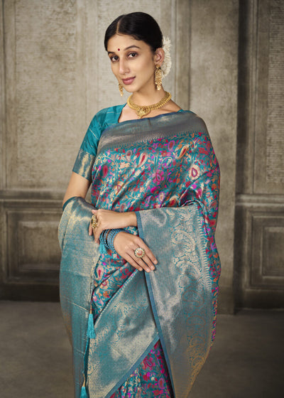 Indyancart GR Women's Aroma Misty Teal Blue Woven Banarasi Art Silk Saree