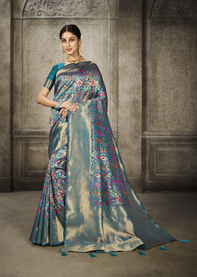 Indyancart GR Women's Aroma Misty Teal Blue Woven Banarasi Art Silk Saree