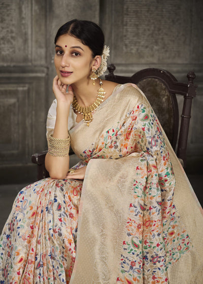 Indyancart GR Women's Aroma Cotton White Woven Banarasi Art Silk Saree