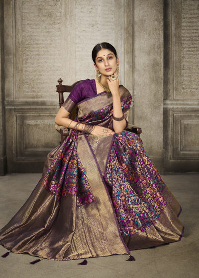 Indyancart GR Women's Aroma Pansy Purple Woven Banarasi Art Silk Saree