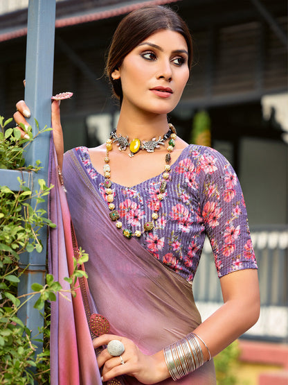 Women's Chiffon Lavendar Embellished Celebrity Saree With Blouse Piece