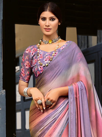 Women's Chiffon Lavendar Embellished Celebrity Saree With Blouse Piece