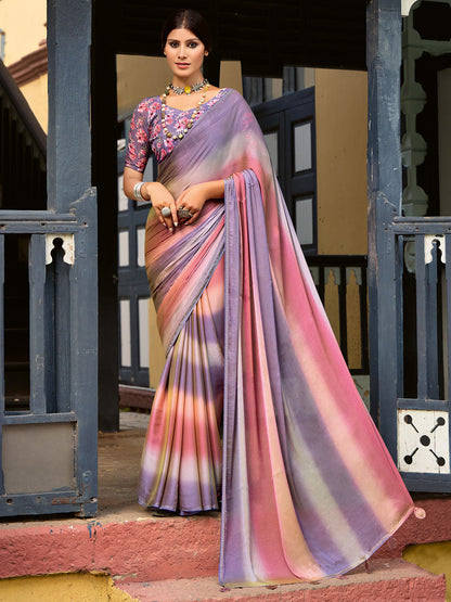 Women's Chiffon Lavendar Embellished Celebrity Saree With Blouse Piece