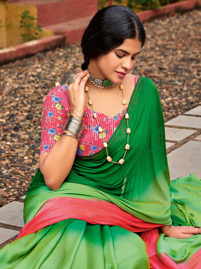 Women's Chiffon Green Embellished Celebrity Saree With Blouse Piece