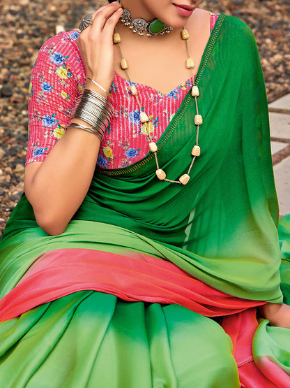 Women's Chiffon Green Embellished Celebrity Saree With Blouse Piece