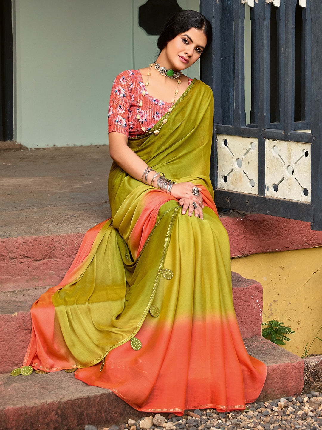 Women's Chiffon Olive Embellished Celebrity Saree With Blouse Piece