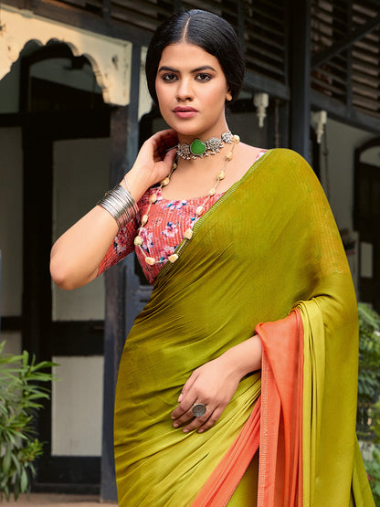 Women's Chiffon Olive Embellished Celebrity Saree With Blouse Piece