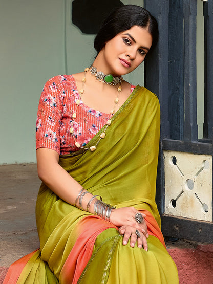 Women's Chiffon Olive Embellished Celebrity Saree With Blouse Piece