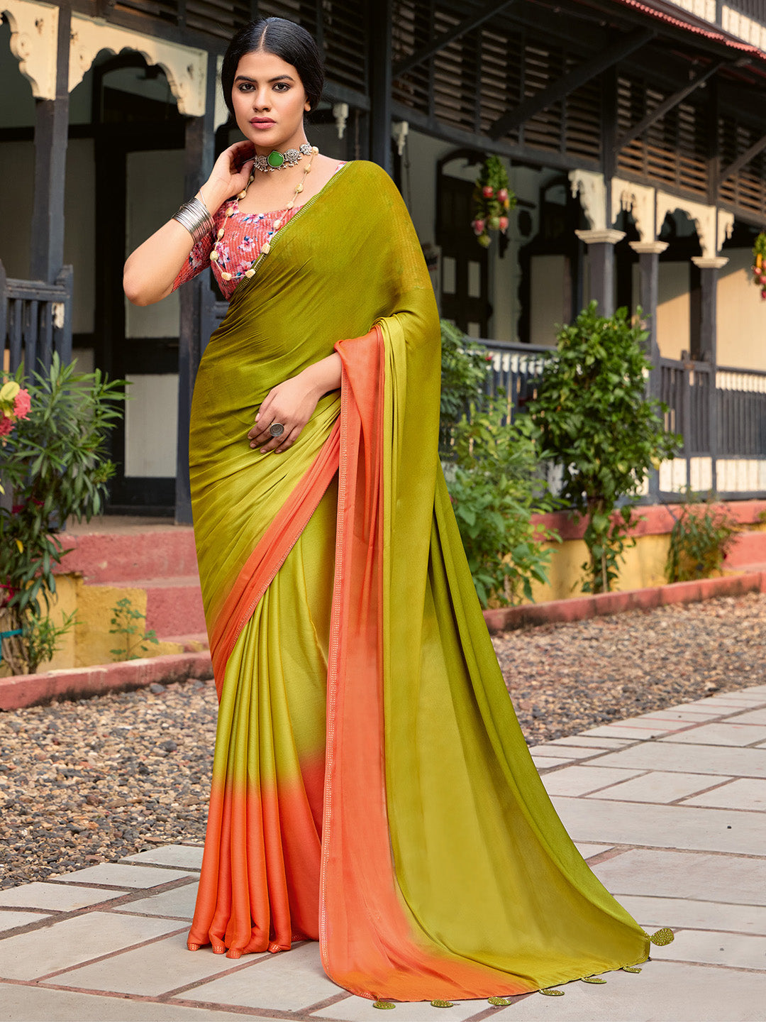 Women's Chiffon Olive Embellished Celebrity Saree With Blouse Piece