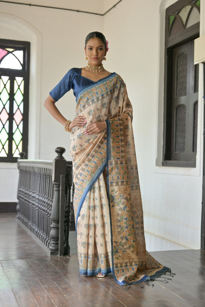Indyancart GR Women's Beige & Navy Soft Tussar Silk Madhubani Printed Saree