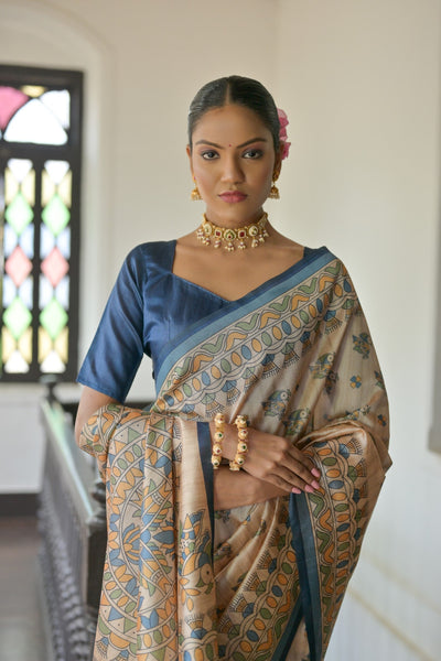 Indyancart GR Women's Beige & Navy Soft Tussar Silk Madhubani Printed Saree