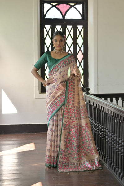 Indyancart GR Women's Beige & Green Soft Tussar Silk Madhubani Printed Saree