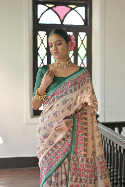 Indyancart GR Women's Beige & Green Soft Tussar Silk Madhubani Printed Saree